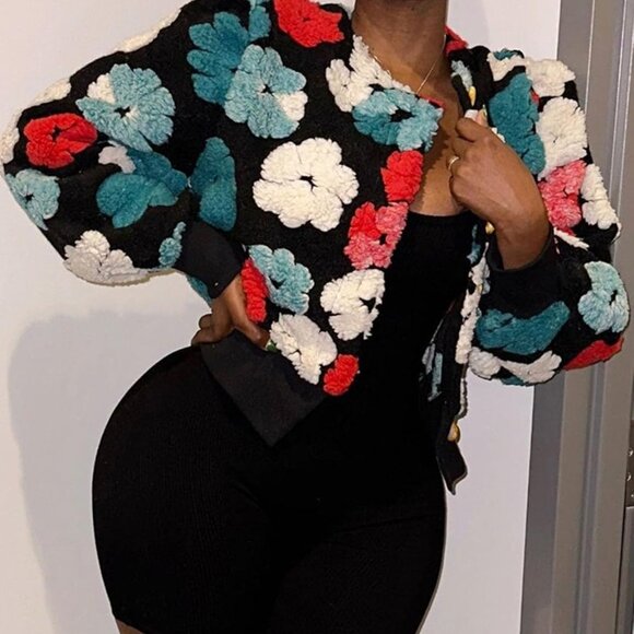 Women's Cropped Floral Print Bomber Jacket Warm Fleece Varsity Jacket Casual But - Picture 2 of 7